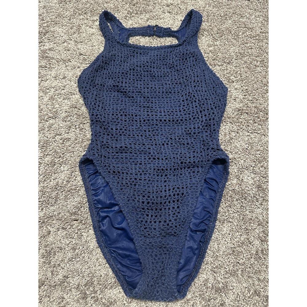 VTG Baja 10 Festival Beach Swimsuit Bikini Crochet Macrame Navy Blue Boho Hippie